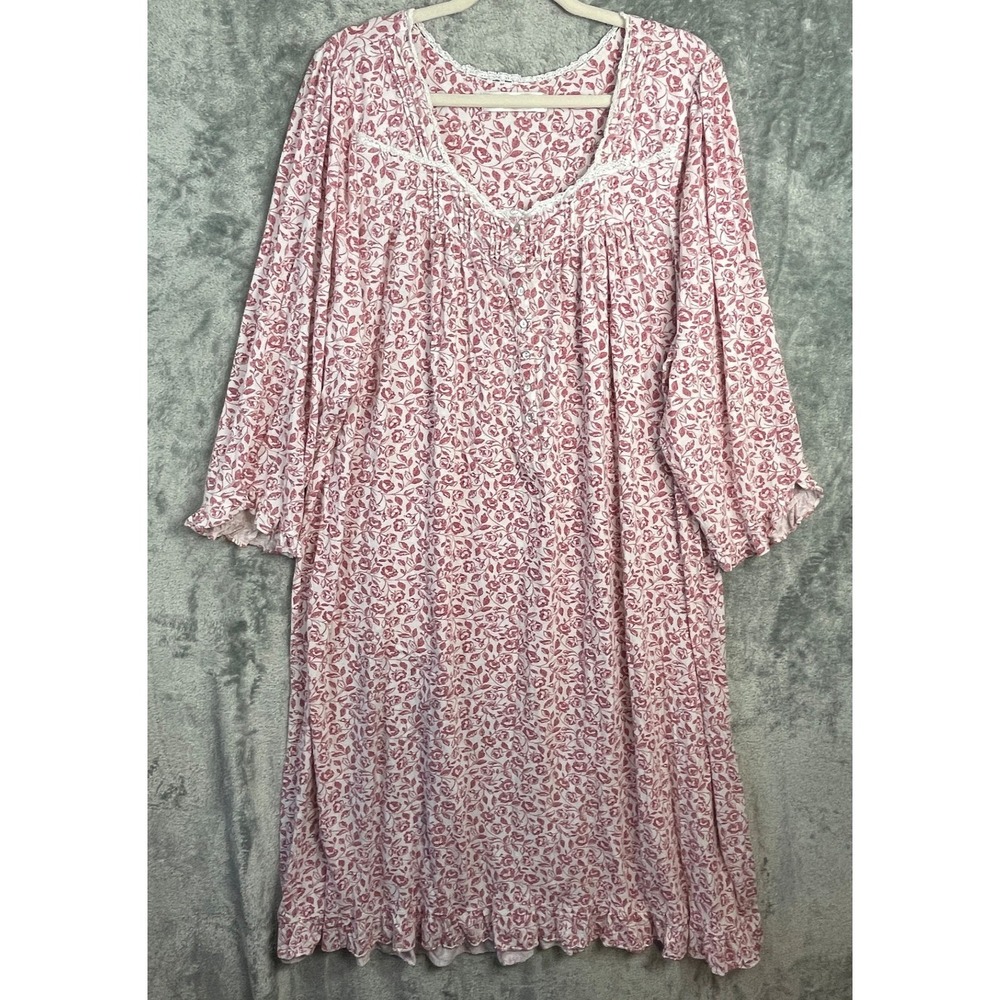 Eileen West Midi Nightgown 1X Red Ivory Floral Ribbon Crochet Ruffle Cottagecore